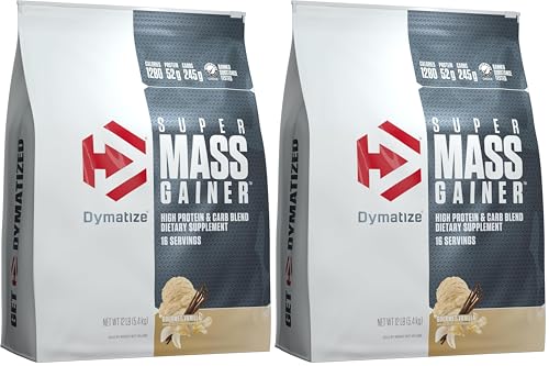 Image of Dymatize Super Mass Gainer Protein Powder, Gourmet Vanilla, 52g Protein, 1g Creatine, 1280 Calories, 10.7g BCAAs, 245g Carbs, Contains Whey Protein, Isolate, and Casein (16 Servings) (Pack of 2)