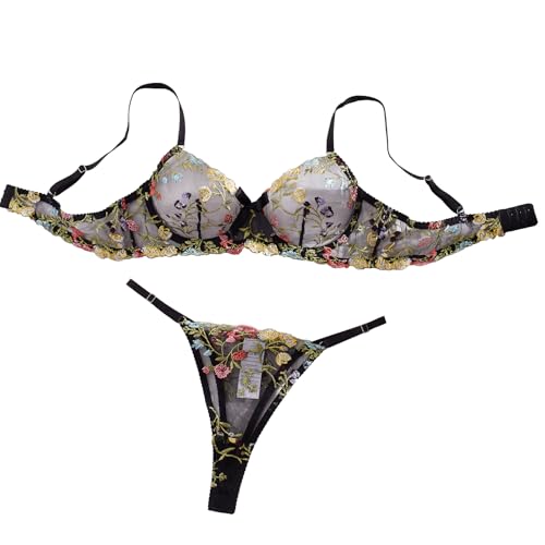 Image of Sexy Floral Embroidered Flower Mesh Underwire Push Up Lingerie Set