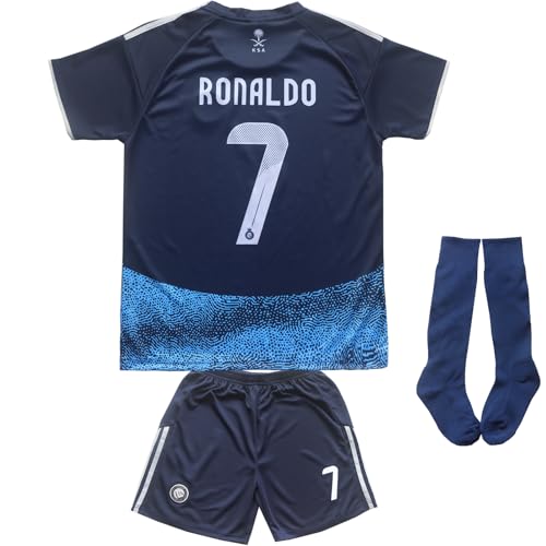 LeenBD 2025/2026 NASSR Riyadh Al Ronaldo #7 Kids Away Soccer Jersey Shirts Football Futbol Socks Set Youth Sizes (Darkblue,24)