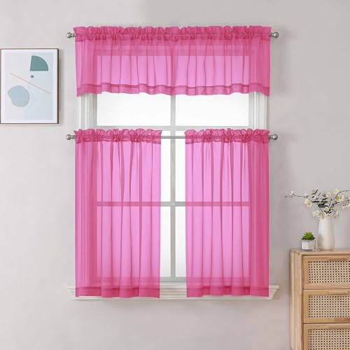 Image of Chyhomenyc Sheer Valances for Windows, Light Filtering Small Window Curtains for Living Room Bathroom Cafe Laundry Basement, Top Dual Rod Pocket Voile Curtain, 42Wx14L inches, Hot Pink, 2 Pieces