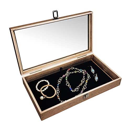 MOOCA Glass Top Wooden Jewelry Display Case with Removable Black Luxurious Velvet Jewelry Display Pad, Deeper 2.75-Inch Design for Taller Collectibles, Brown Color - Thumbnail 5