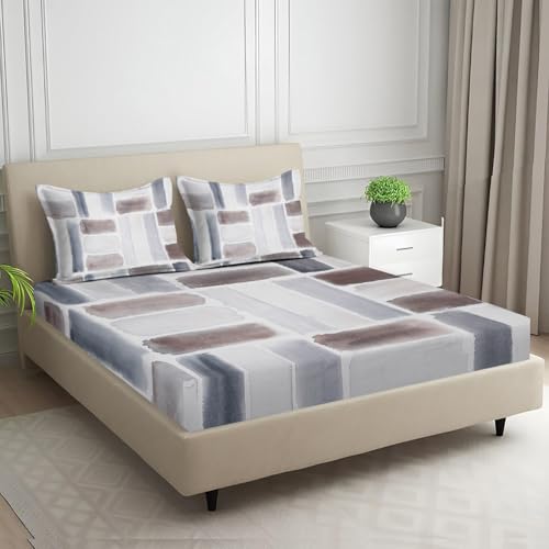 Image of Signature Digital Print Geometric Designs Super King Size Bedsheet - 108 x 108 inches | 100% Cotton-Feel Soft Fabric | Fade-Resistant Colors | 2 Matching Pillow Covers (Stone Brush)
