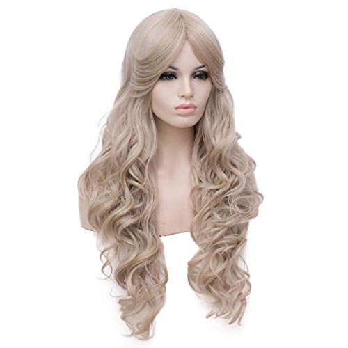 Women's White Blonde Long Wavy Wig with Bangs Synthetic Wigs for Daily Use or Costume