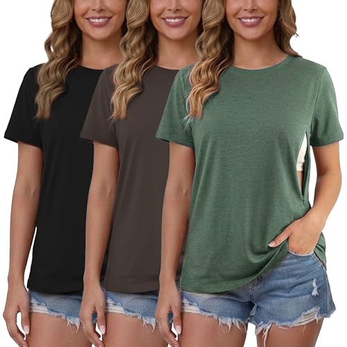 Image of Ecavus Women's 3-Pack Nursing Shirts for Breastfeeding with Hidden Zippers Loose Fit Maternity Tops
