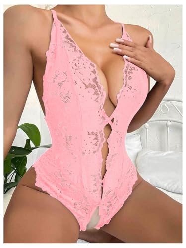 Image of SOLY HUX Women's One Piece Lingerie Sexy Lace Babydoll Deep V Teddy Criss Cross Backless Teddy Mini Bodysuit