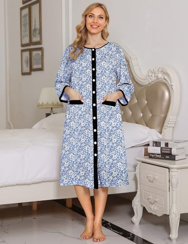 Image of Bloggerlove House Dress Women Cotton Snap Front Nightgown 3 /4 Sleeve Housecoat Duster Robe with Pockets Moomoo Patio Dress