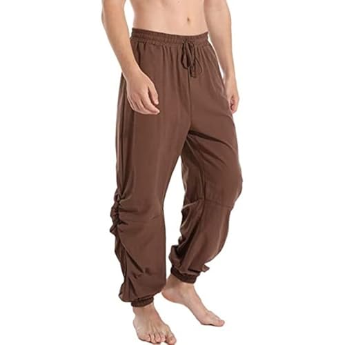 YawYews Pantalones casuales de algodón Harem para hombre, ajuste holgado, cintura elástica, cordón, pantalones de moda medieval, pantalones deportivos con bolsillos, M-3XL, marrón, 3XL Cover