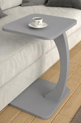 Image of Modern C-Shaped Side Table for Sofa & Bed - Multi-Purpose Laptop Table, Snack Holder, Book & Plant Stand - Compact & Sturdy Bedside Table (Brown) (Grey)