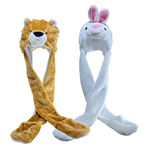 YiyiLai Pack of 2, Women Teen Girls 3 in 1 Long Animal Plush Hats Full Hood Hoodie Winter Warm Soft Scarf Gloves Cover
