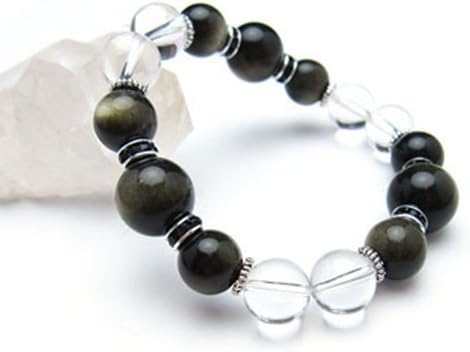 [機縁パワーストーン]パワーストーンブレスレット(メンズ) グレーオブシディアン(黒曜石)AAAA12ミリ＆10ミリ クリスタル(水