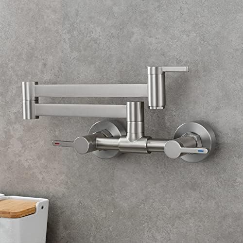 Miniatura 3 de Grifo de fregadero de cocina de latón macizo plegable para mezcla de agua caliente y fría, montaje en pared, brazo plegable extensible, mango doble,
