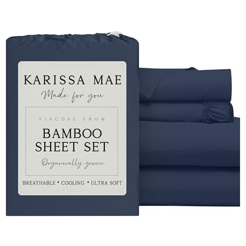 Image of KARISSA MAE Bamboo Viscose 34 inch Split Top King Size Sheet Set, FSC Certified | Single 34 inch Split Fitted Sheet | Sleep Number & Adjustable Bed | Cooling | 18 inch Deep Pocket w / Corner Straps [Navy]