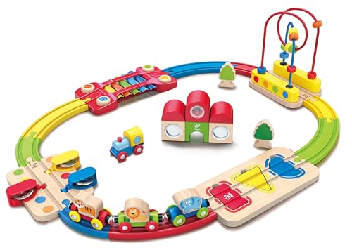 Hape Regenbogen-Puzzle Eisenbahnset – 30-teiliges Holz-Eisenbahnset mit Tierzug, Motorikschleife, Puzzle- und Klangelementen, für Kinder ab 18 Monaten