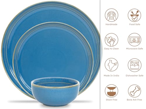 Image of Bodhi House Handcrafted Chip Resistance Porcelain Dinner Set, 18 Pieces Dish Set Serving for 6, Microwave and Dishwasher Safe, Bone-ash Free, Crockery Set for Dining and Gifting, Mid Blue
