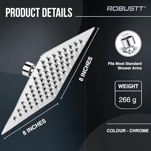 Image of Robustt Shower Head for Bathroom Overhead | 8x8in Square Rainfall Bath Shower with 81 Anti-Clog Silicone Nozzles, 360 Swivel, High Pressure Flow & Chrome Finish | Easy Installation