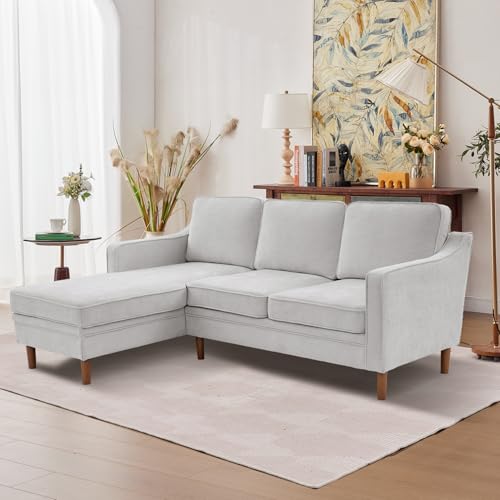 Image of Kingfun 88 inch L-Shape Sofa, Chenille Sectional Couch, Mid Century Modern Couches with Solid Wood Frame for Living Room Bedroom