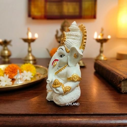 Image of JOY LAND Lord Ganesha Car Dashboard Idol | White & Gold Ganesh Murti for Car Dashboard, Home & Office Decor (Off White)