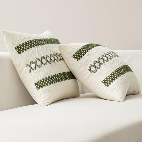 Image of MIULEE Set of 2 Moss Green Boho Decorative Pillow Covers 20x20 Inch | Farmhouse Couch Throw Pillows Modern Summer Cotton Cushion Covers Macrame Woven Spring Decor for Bed Sofa Chair