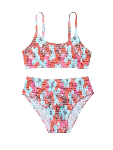 MakeMeChic Girl's Bikini Sets Floral Print Shirred Spaghetti Strap Backless Beach Swimsuit