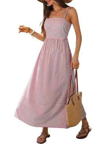 Image of Caracilia Womens Maxi Dresses Gingham Spaghetti Strap Back Smocked Flowy Long Sundress Summer Beach Vacation Clothes 2026