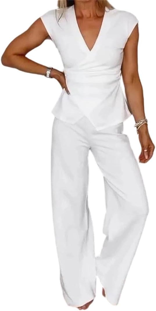 Women Commuter V-Neck Sleeveless Top Waist Button Long Pant Office Two Piece Suit Sets