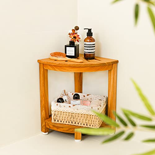 Nnn 16.5" Teak Corner Shower Stool For Shaving Legs/Corner Shower Bench With Shelf/Shower Foot Rest/Waterproof Bathroom Bench Seat For Small Spaces #TOP2