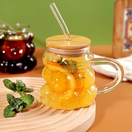 Image of Grape Shape Glass Tumbler Mug with Bamboo Lid & Glass Straw, 450ml, Set of 1, Clear Borosilicate Drinking Cup with Handle, Reusable Iced Coffee Cup for Juice, Tea, Smoothies, Cold Drinks