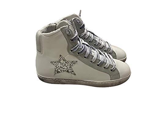 VIA CONDOTTI Zapatos Zapatillas Altas Mujer Cuero Blanco Estrella Glitter Plata Nuevo Cremallera