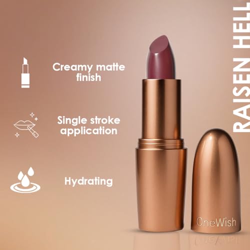 Image of One Wish Creamy Matte Lipstick Long Lasting for Women - Raisin Hell Shade 11 | Full Coverage | Creamy Formula | No Flaky Lips | No Dryness | Vitamin E, Almond Oil & Shea Butter for Moisturising Lip | 8 Hrs Lasting | Smooth Finish | 3.8 gm