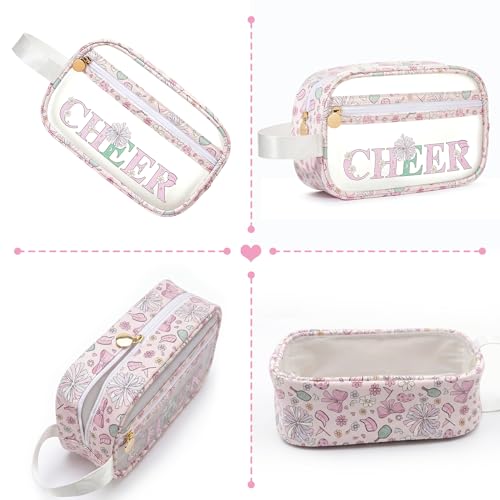 Image of COSHAYSOO Clear CHEER Makeup Bag Cheerleader Team Gifts Cheerleading Hair Skincare Cosmetic Accessories Organizer for College Women Teen Girls, Small Waterproof Travel Pouch for Purses Backpack Tote