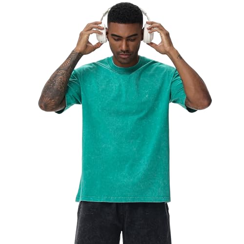 Camisetas de gran tamaño para hombre, camisetas pesadas, cuello redondo, manga corta, camisetas básicas de algodón, unisex, Verde, Medium