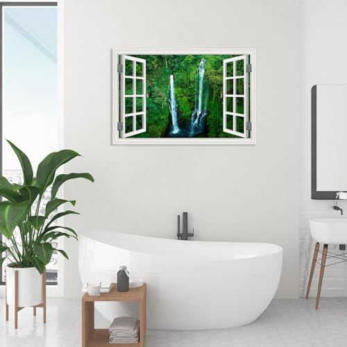 Image of MOBYAT Open Window Forest Canvas,Sekumpur Bali Waterfall,Waterfall Painting Wall Art Nature Landscape Print on Canvas Giclee Print for Living Room Wall Decor105x70cm(41x28in) poster