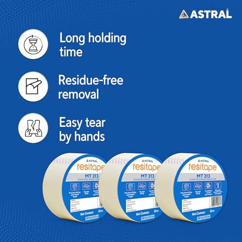 Image of RESITAPE Astral MT (313) Paper Tape | 48 mm x 20 mtr | Pack of 3 | Eco-friendly | Easy-tear Masking Tape, Long Holding Time | Residue-free Removal | Multi-surface Use