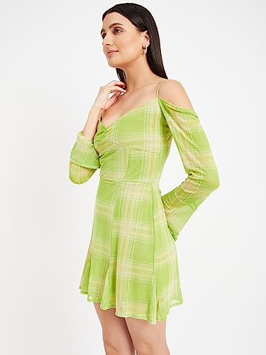 Image of DRAPE AND DAZZLE Printed Mesh Trumpet Sleeve Mini Dress with Tie Detailing for Women