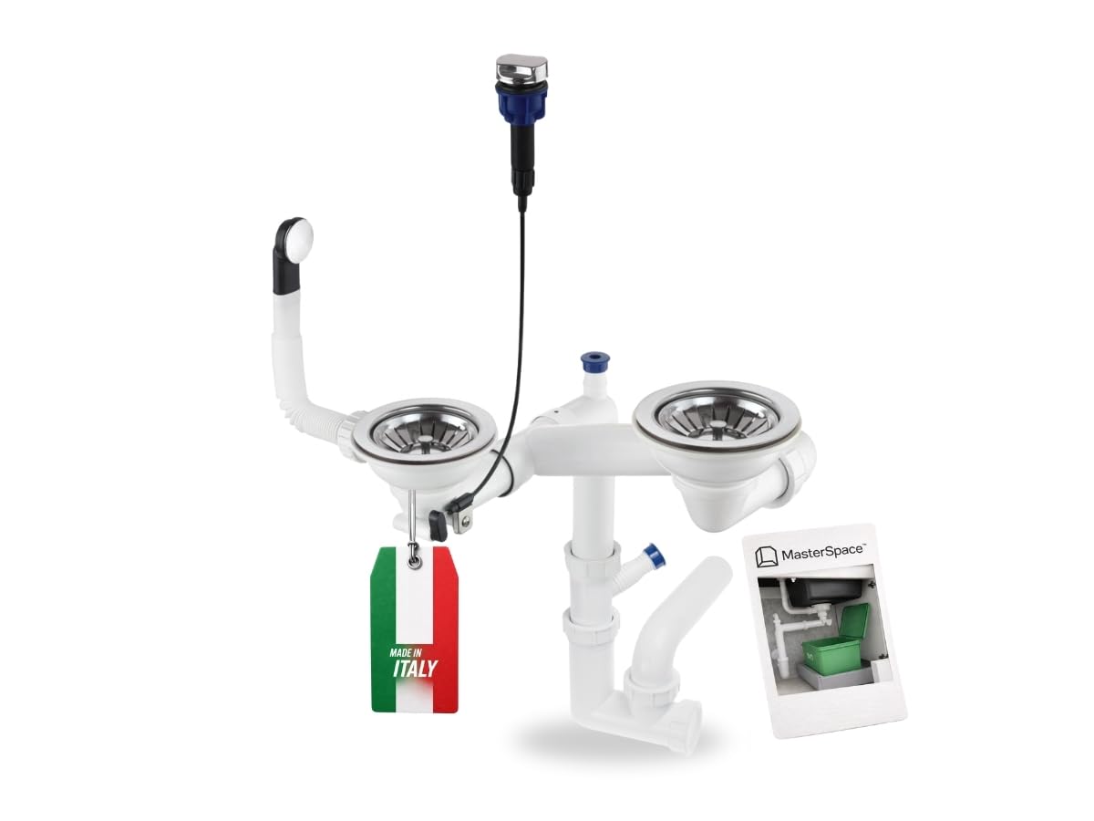 GRANMASTER Sifone da Cucina Lavello automatico salvaspazio a 2 camere con troppopieno - Raccordo di scarico per lavello - Attacco sul fondo: cestello da 1 1/2" valvola eccentrica 3 1/2" - 30x25x35cm