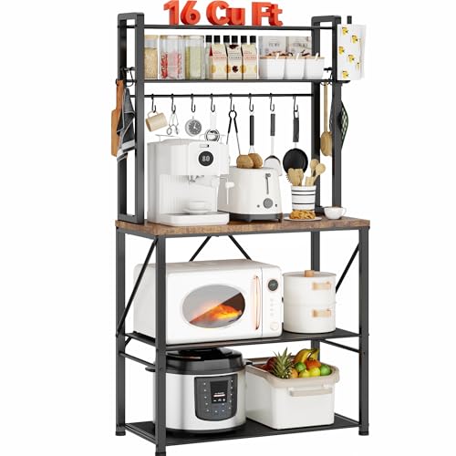 YASONIC Coffee Bar, Bakers Rack with Storage, 25.6 Inches Microwave Stand, 5 Tier Kitchen Shelves Appliance Storage, 12 S Hooks Large Coffee Station for Spices, Pots and Pans, Rustic Brown - Standing Baker's Racks