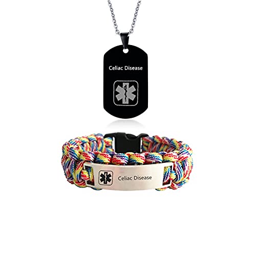 ZKXXJ Medical Alert ID Bracelets and Necklaces Set for Men Celiac Disease Stainless Steel Medic Identification Pendant Necklace Dog Tag & Paracord Rope Cuff Bracelet Allergy Awareness Jewelry