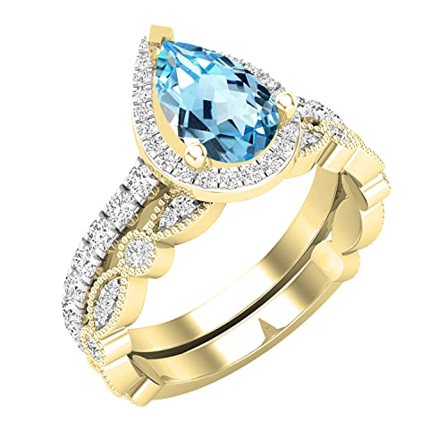 Conjunto de anillos para mujer de la colección Dazzlingrock, con topacio azul en forma de pera de 9x6 mm y diamantes blancos, en oro amarillo de 18 quilates, talla 6.