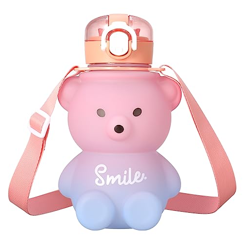 Fuyamp Kawaii Bear Water Bottle With Straw and Strap,800ml Cute Gradient Colorful Water Bottles Portable Leakproof BPA-free Drinking Cups for Kids Girls Women Sports Camping Picnic Hiking Travel