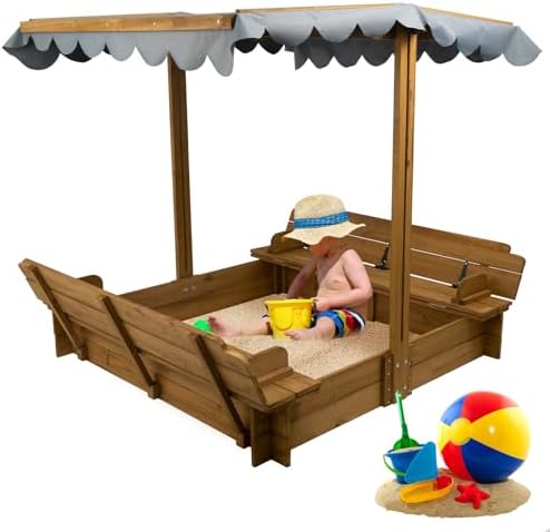 PetsCosset Wooden Sandbox with Cover Kids, 47x47in, with Foldable Benches