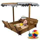 PetsCosset Wooden Sandbox with Lid, Kids Sandbox with Cover Outdoor, with 2 Foldable Bench Seats for Backyard (47x47in), UV-Resistant & Adjustable Height Roof, Gift for Ages 2-8