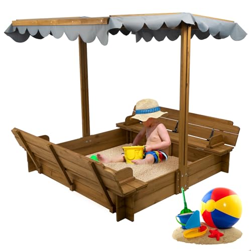 PetsCosset Wooden Sandbox with Lid, Kids Sandbox with Cover Outdoor, with 2 Foldable Bench Seats for Backyard (47x47in), UV-Resistant & Adjustable Hei