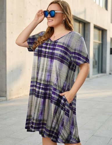 Image of OVERWORETY Womens Short Sleeve Plus Size T-Shirt Dress V Neck Casual Loose Swing A-Line Summer Tunic Dresses with Pockets