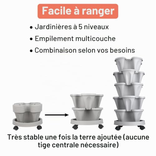 GameXcel Jardinière verticale empilable à 5 niveaux pour fraises, herbes, fleurs et légumes, pots de jardinage d'intérieur et d'extérieur avec roues amovibles et outils – vue 7