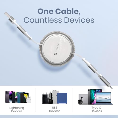 Image of Portronics 60W Quadline 4-In-1 Multifunctional Fast Charging Retractable Cable With Multiple Port & Strong Heads, Strong, Type C, Lightening, USB A, Fast Data Sync, 1M Cable Length (White)