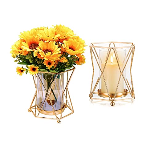 Geometric Glass Vase Gold EylKoi: 2pcs Vases Home Decor Terrarium Crystal Vases for Flowers Modern Pillar Glass Hurricane Candle Holders Decor Wedding Centerpieces for Home Bathroom Dining Table
