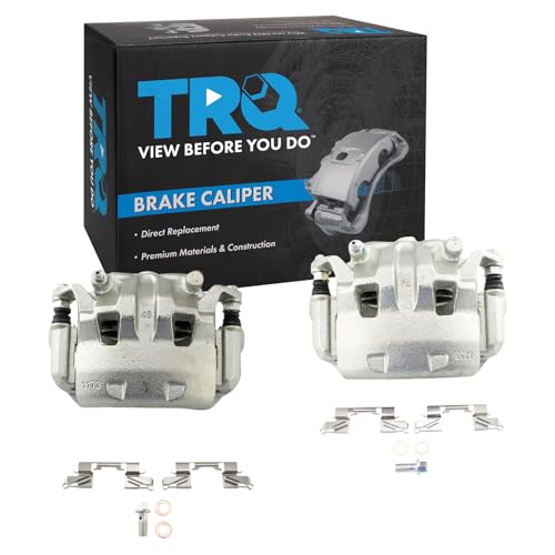 Image of TRQ Front Brake Caliper Set Zinc Coated Brackets Hardware Compatible with 2005-2021 Nissan Frontier 2005-2012 Pathfinder 2005-2015 Xterra