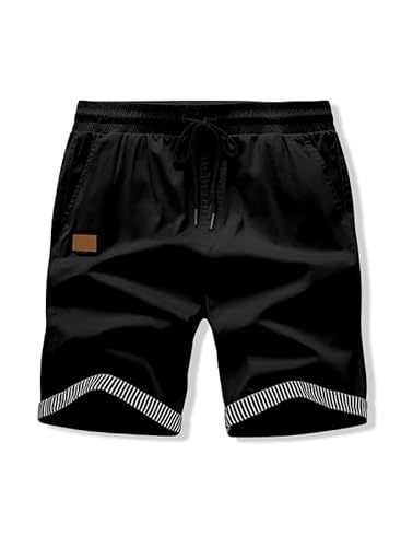 Jmierr Mens Casual Shorts Cotton Drawstring Summer Beach Shorts With Pockets, L, Black Striped thumb #1
