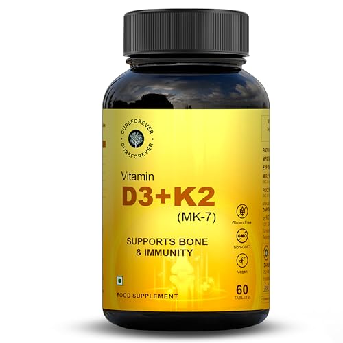 Image of CUREFOREVER Vitamin D3 + K2 (MK-7) Tablets - Vegan Vitamin D Supplement Supports Bone & Immunity, Vitamin D3 K2 for Men & Women | High Absorption Vitamin D Tablets, 60 Days Serving