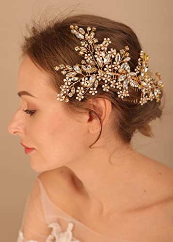Peine para boda Denifery Gold con cristales y flores miniatura 4